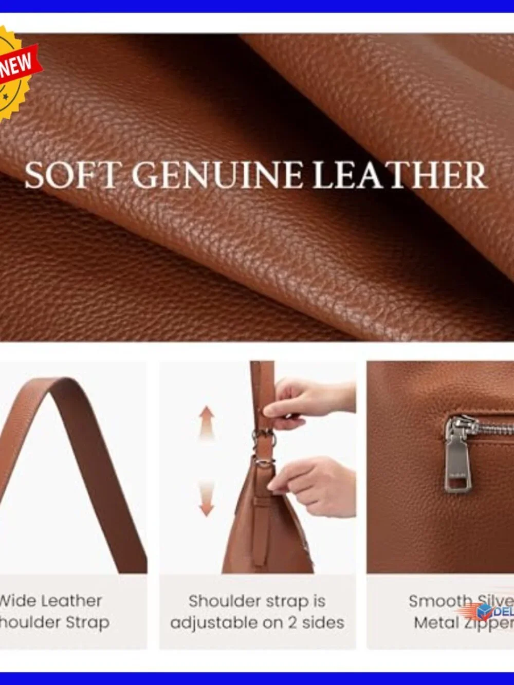 Genuine Leather Crossbody Hobo Bag with Adjustable Strap, Large Capacity